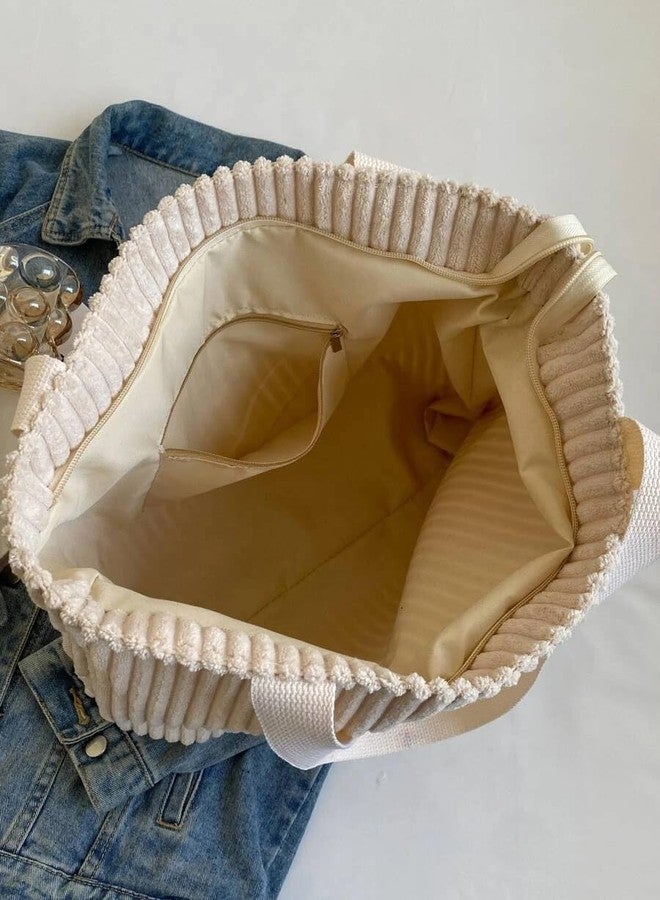 كون حقيبة يد كورية من قماش الكوردروي من Kawn®، حقيبة يد أنيقة للنساء، مزودة بسحاب، حقيبة كتف كبيرة الحجم مع جيوب، متعددة الاستخدامات للاستخدام اليومي في الجامعة والعمل والشاطئ والسفر والتسوق (بيج). - Image 3